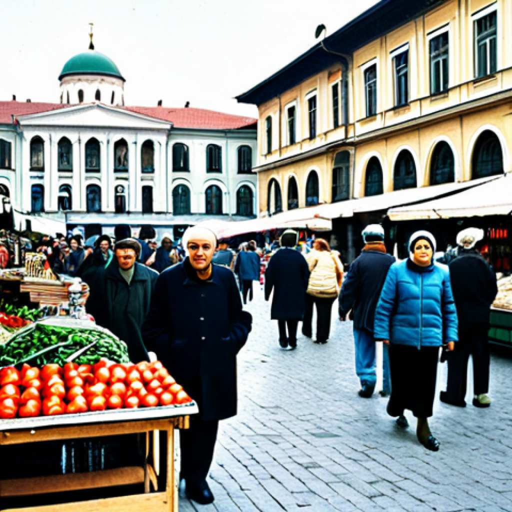 **

A bustling marketplace in Sofia, Bulgaria, in the late 1990s. Vendors are selling various goods, people are dressed in modest, everyday clothing appropriate for the time period. In the background, glimpse old communist-era buildings alongside newer, emerging businesses. "Safe for work," "appropriate content," "fully clothed," "professional," "natural proportions," "correct anatomy," "high quality."

**