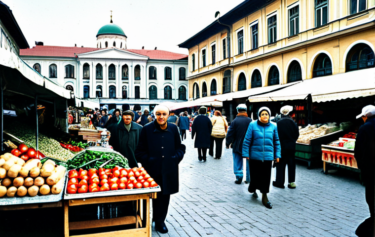 **

A bustling marketplace in Sofia, Bulgaria, in the late 1990s. Vendors are selling various goods, people are dressed in modest, everyday clothing appropriate for the time period. In the background, glimpse old communist-era buildings alongside newer, emerging businesses. "Safe for work," "appropriate content," "fully clothed," "professional," "natural proportions," "correct anatomy," "high quality."

**