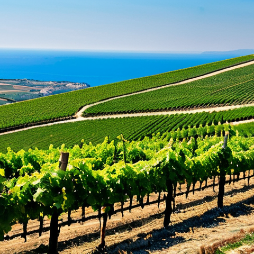 Thracian Vineyard Landscape**

"Rolling hills of a Thracian vineyard under a sunny sky, rows of grapevines stretching into the distance, showcasing the unique terroir. In the background, the Black Sea coast is faintly visible. Appropriate attire for vineyard workers tending to the vines. Perfect anatomy, correct proportions, natural pose, professional photography, high quality, safe for work, appropriate content, fully clothed, modest, family-friendly."

**