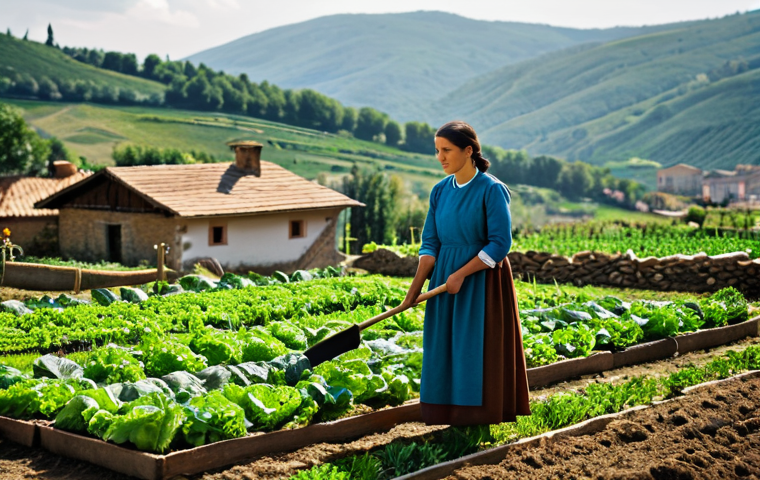 불가리아와 서유럽 생활 방식 차이 - **Image Prompt:** A Bulgarian woman in traditional, modest clothing, tending a vibrant vegetable gar...