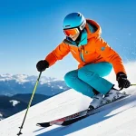 불가리아 스키 리조트 추천 - **Prompt:** A dynamic, high-definition image of a female skier confidently carving down a pristine, ...