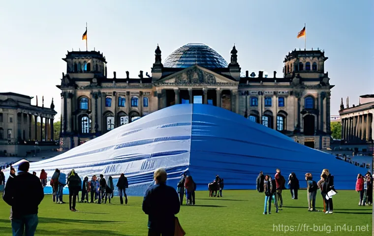 불가리아 예술가 크리스토 자바체프 - **Prompt for Wrapped Reichstag, Berlin, Germany (1995):**
    "A majestic, wide-angle shot of the Re...
