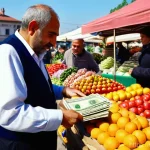 불가리아 환율 및 화폐 사용법 - **Prompt:** A vibrant outdoor market scene in a small Bulgarian town. An adult individual, neatly dr...
