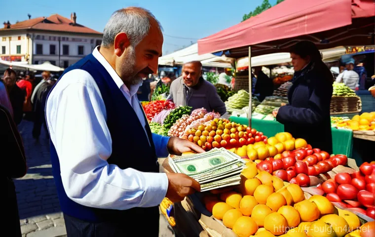 불가리아 환율 및 화폐 사용법 - **Prompt:** A vibrant outdoor market scene in a small Bulgarian town. An adult individual, neatly dr...