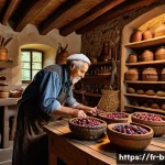 불가리아 라키야 술 - A traditional artisan distillery workshop set in a rustic French village, featuring an elderly maste...