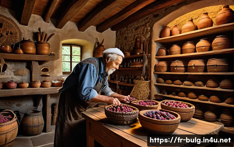불가리아 라키야 술 - A traditional artisan distillery workshop set in a rustic French village, featuring an elderly maste...