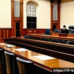 불가리아 법률 및 규정 - A modern Bulgarian courtroom interior showcasing multiple judicial levels: a judge in formal robes p...