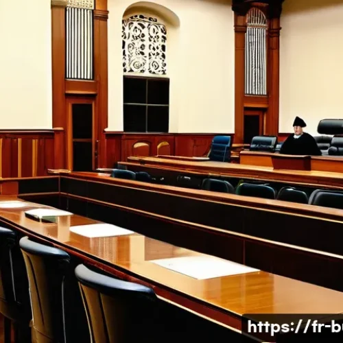 불가리아 법률 및 규정 - A modern Bulgarian courtroom interior showcasing multiple judicial levels: a judge in formal robes p...