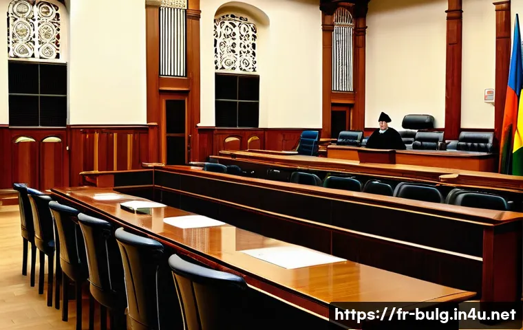 불가리아 법률 및 규정 - A modern Bulgarian courtroom interior showcasing multiple judicial levels: a judge in formal robes p...