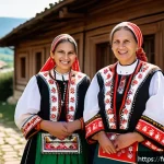 불가리아와 그리스 문화 차이 - A warm and inviting Bulgarian village scene in springtime during the Baba Marta festival, showcasing...