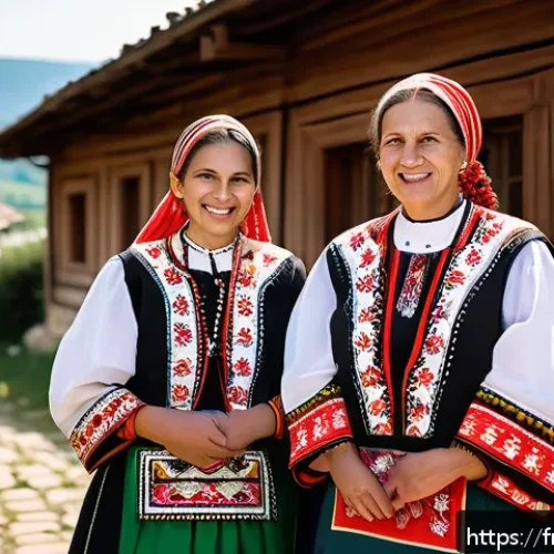 불가리아와 그리스 문화 차이 - A warm and inviting Bulgarian village scene in springtime during the Baba Marta festival, showcasing...
