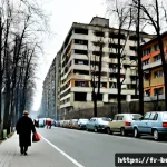 불가리아 공산주의 시절 - Photorealistic 1980s communist-era Bulgaria, a quiet Sofia residential boulevard lined with monument...
