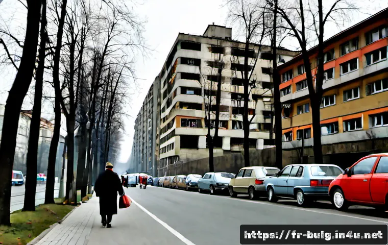 불가리아 공산주의 시절 - Photorealistic 1980s communist-era Bulgaria, a quiet Sofia residential boulevard lined with monument...