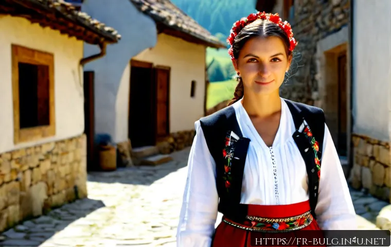 불가리아 전통 복장 - Photorealistic full-length portrait of a Bulgarian woman wearing an elegant traditional folk costume...