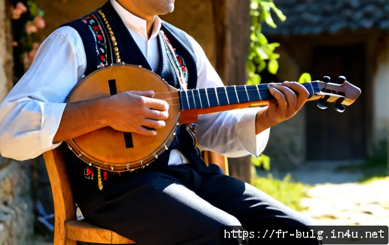 Home 17 불가리아 민속 음악 가다르카 - Photorealistic close-up of a Bulgarian folk musician playing a traditional gadulka, seated on a simp...